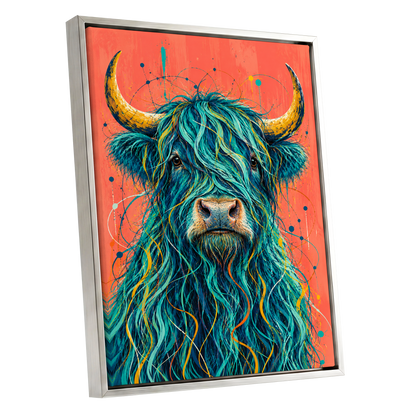 Teal Highland Splendour, blue, orange, gold nature wall art shown as a silver framed canvas wall art