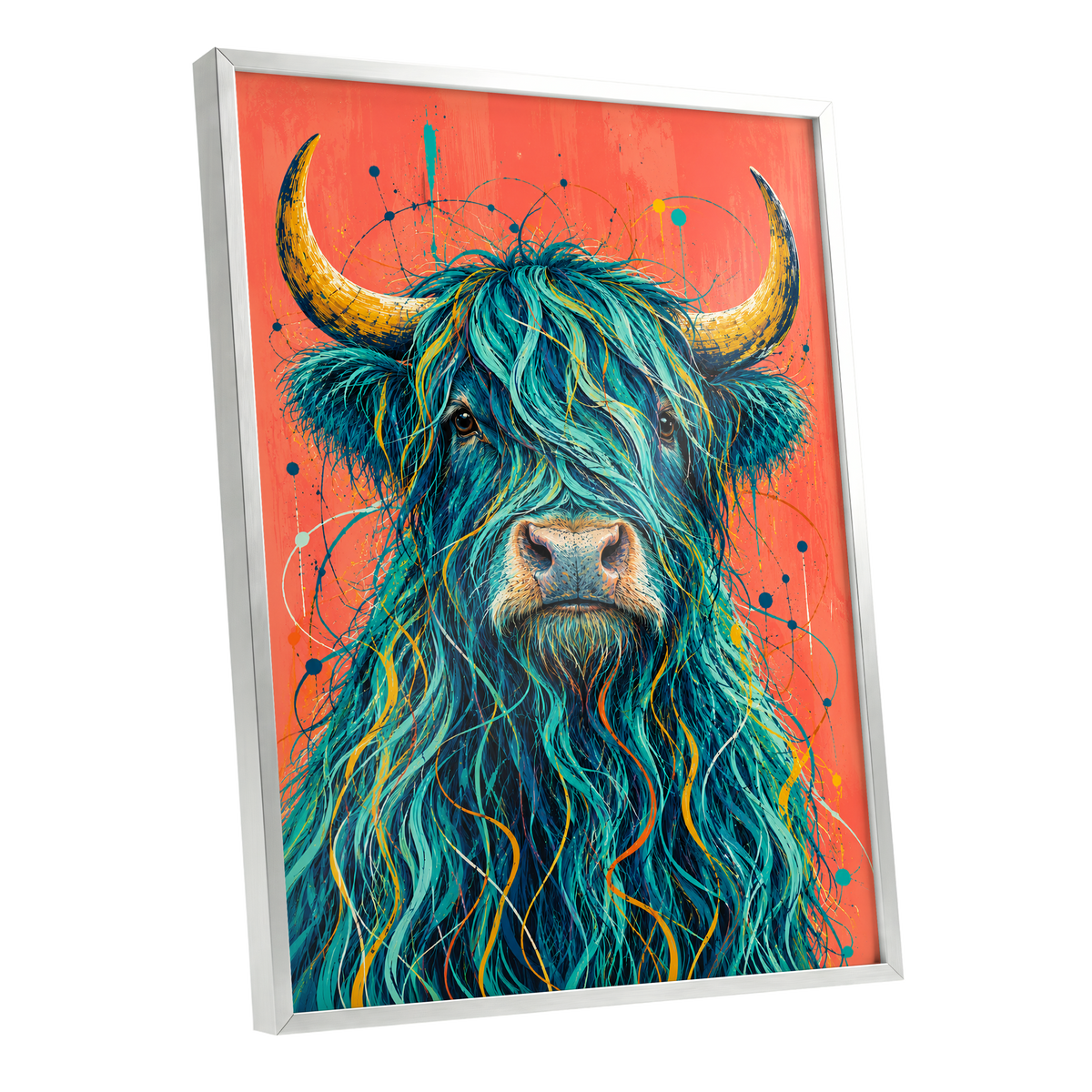 Teal Highland Splendour, blue, orange, gold nature wall art shown as a silver framed poster wall art print