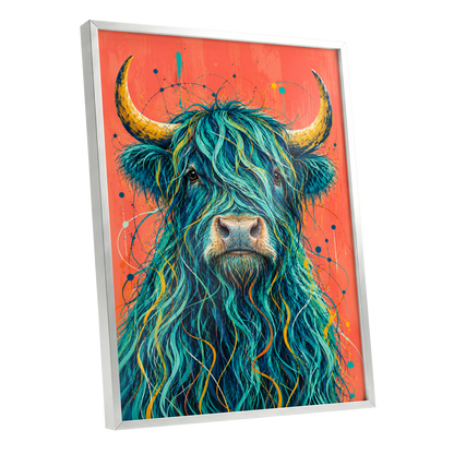 Teal Highland Splendour, blue, orange, gold nature wall art shown as a silver framed poster wall art print