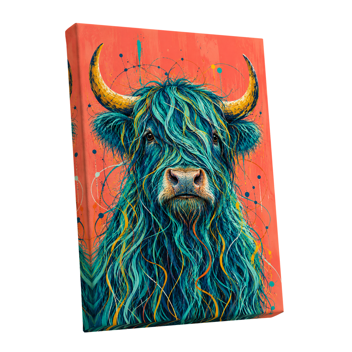 Teal Highland Splendour, blue, orange, gold nature wall art shown as a stretched canvas wall art