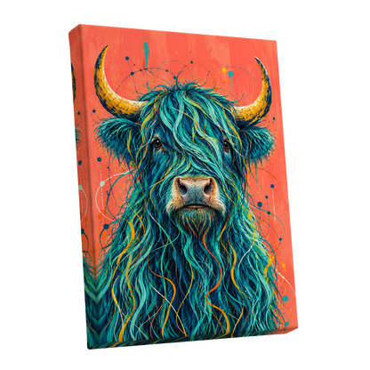Teal Highland Splendour, blue, orange, gold nature wall art shown as a stretched canvas wall art