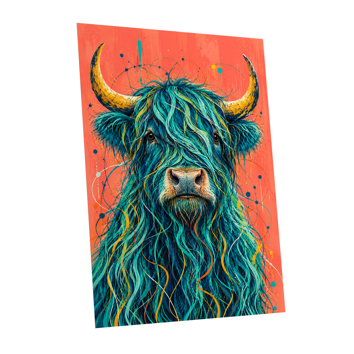 Teal Highland Splendour, blue, orange, gold nature wall art shown as a unframed poster wall art print