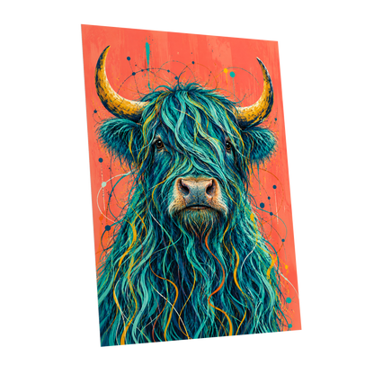 Teal Highland Splendour, blue, orange, gold nature wall art shown as a unframed poster wall art print