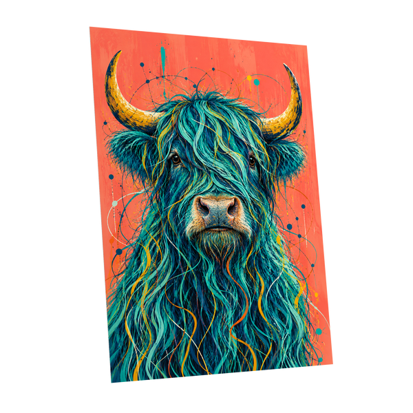 Teal Highland Splendour, blue, orange, gold nature wall art shown as a unframed poster wall art print