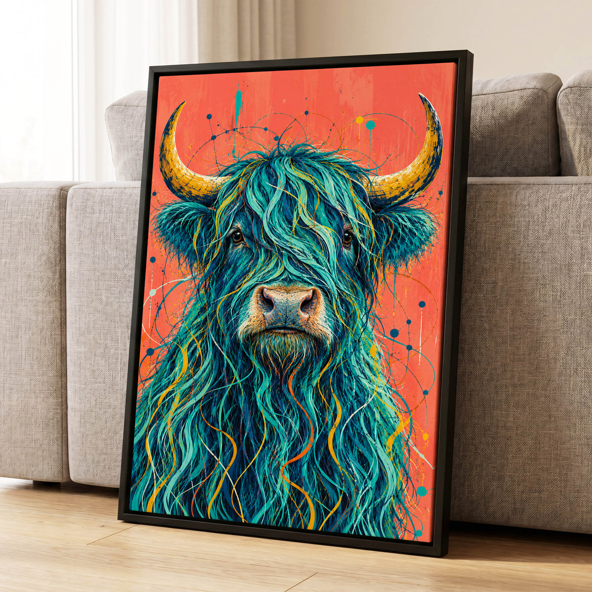 Teal Highland Splendour, blue, orange, gold nature wall art displayed in a styled interior, gallery view 1