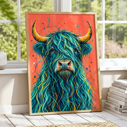 Teal Highland Splendour, blue, orange, gold nature wall art displayed in a styled interior, gallery view 2