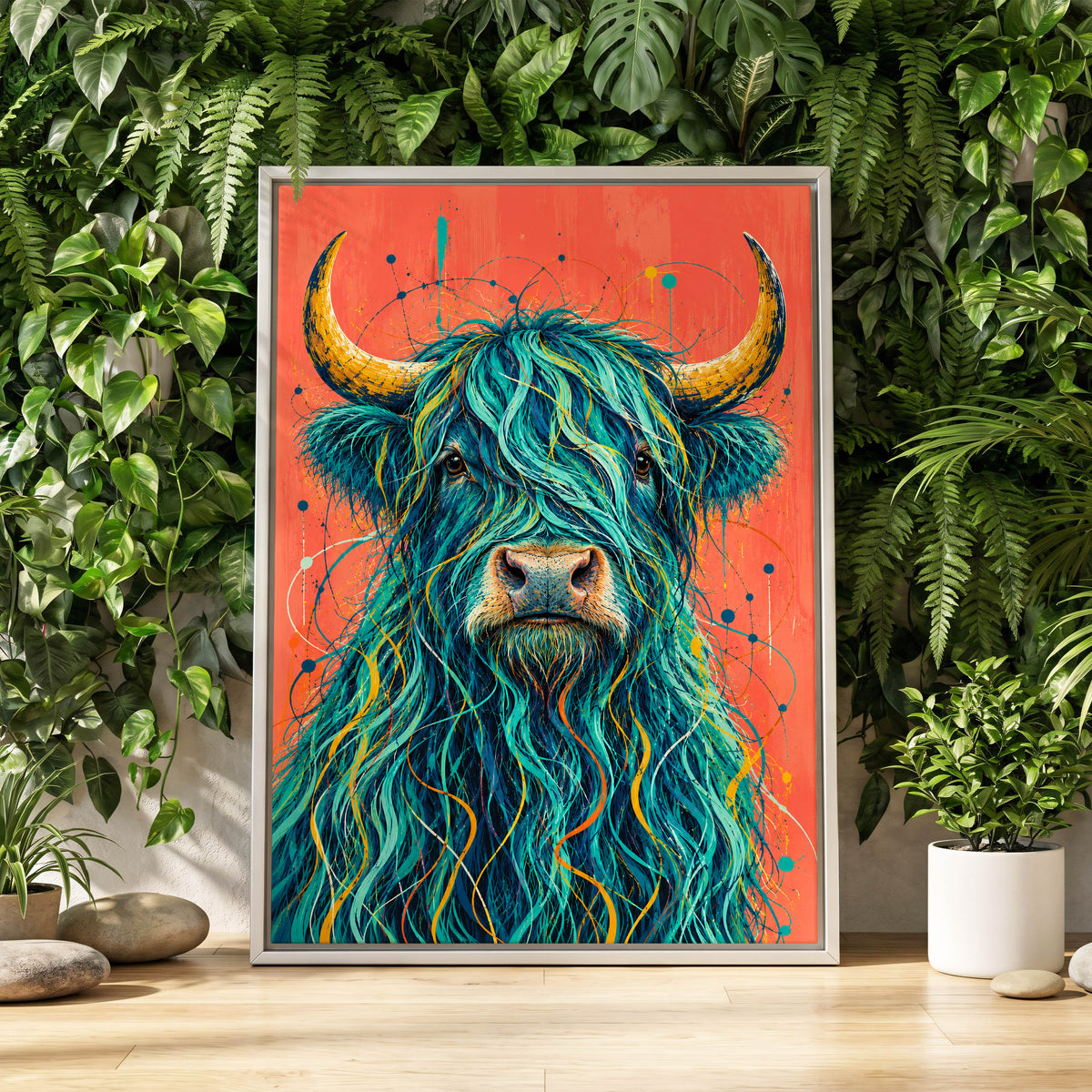 Teal Highland Splendour, blue, orange, gold nature wall art displayed in a styled interior, gallery view 3