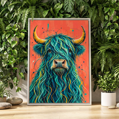Teal Highland Splendour, blue, orange, gold nature wall art displayed in a styled interior, gallery view 3