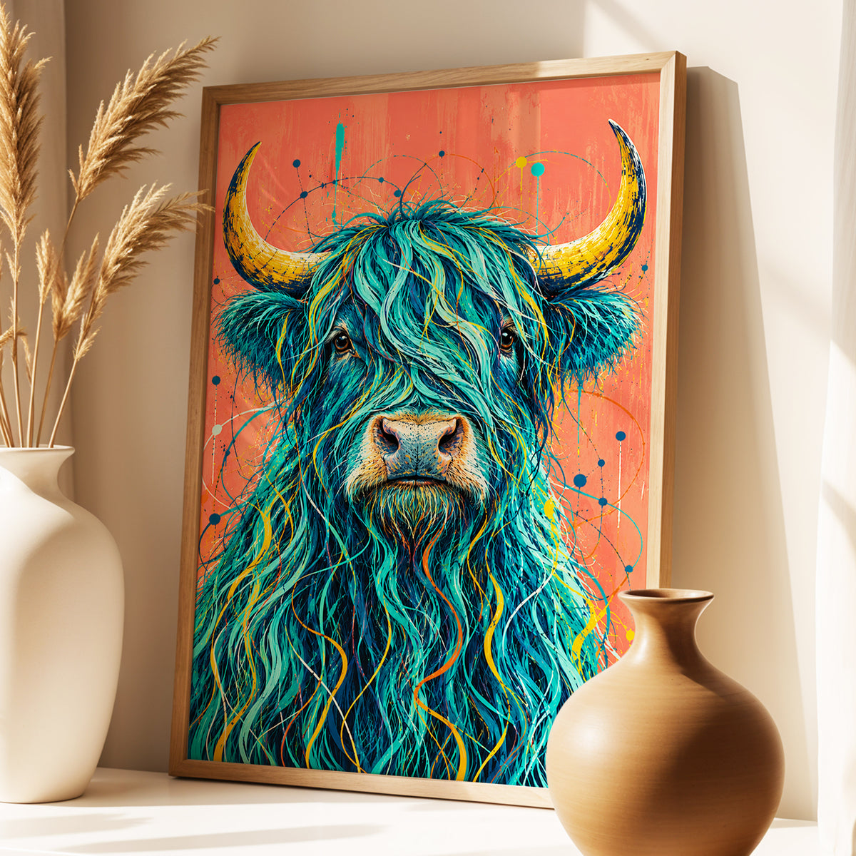 Teal Highland Splendour, blue, orange, gold nature wall art displayed in a styled interior, gallery view 5
