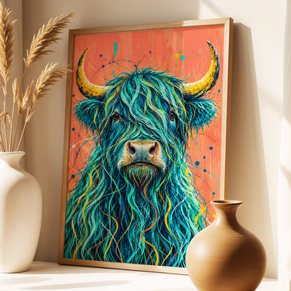 Teal Highland Splendour, blue, orange, gold nature wall art displayed in a styled interior, gallery view 5