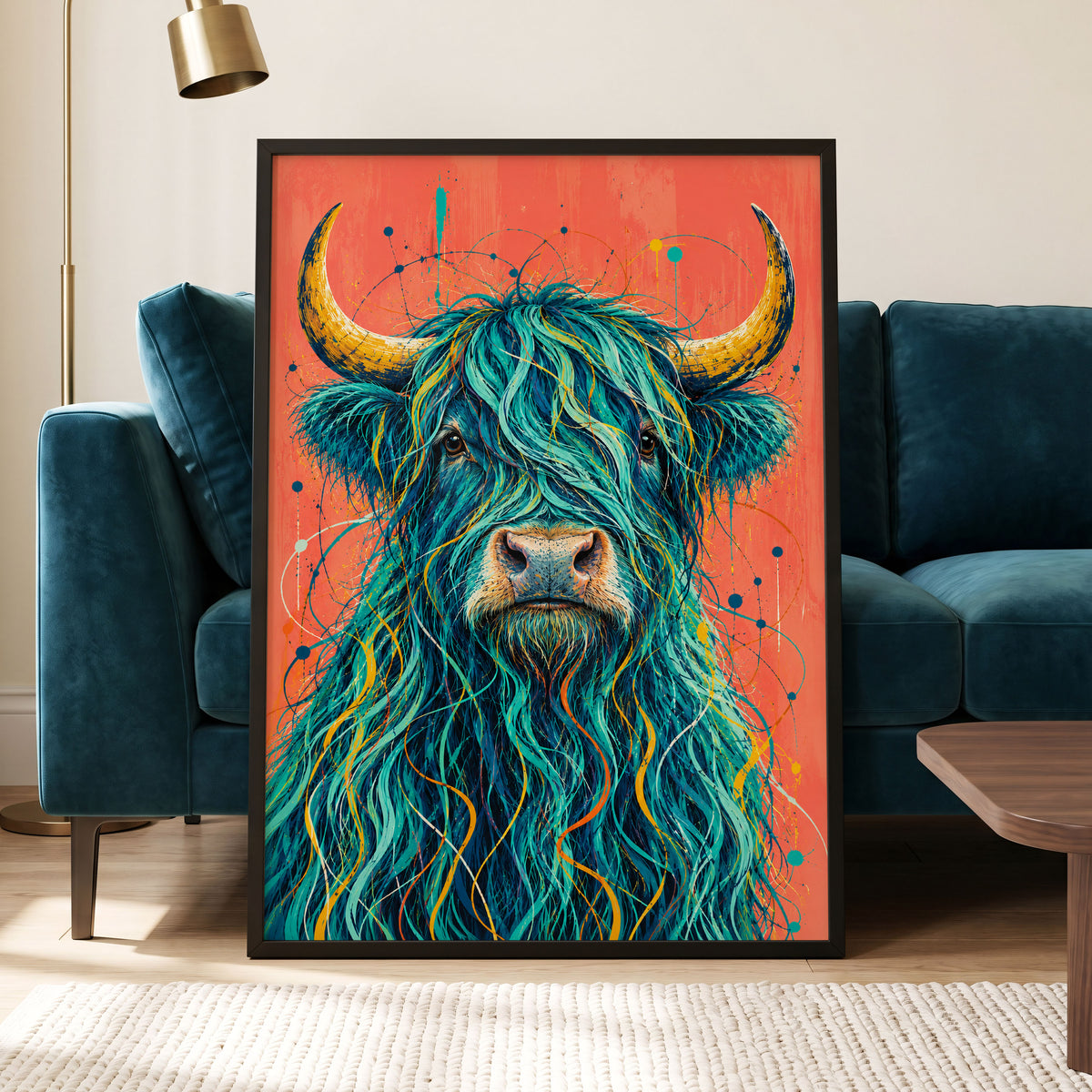 Teal Highland Splendour, blue, orange, gold nature wall art displayed in a styled interior, gallery view 6