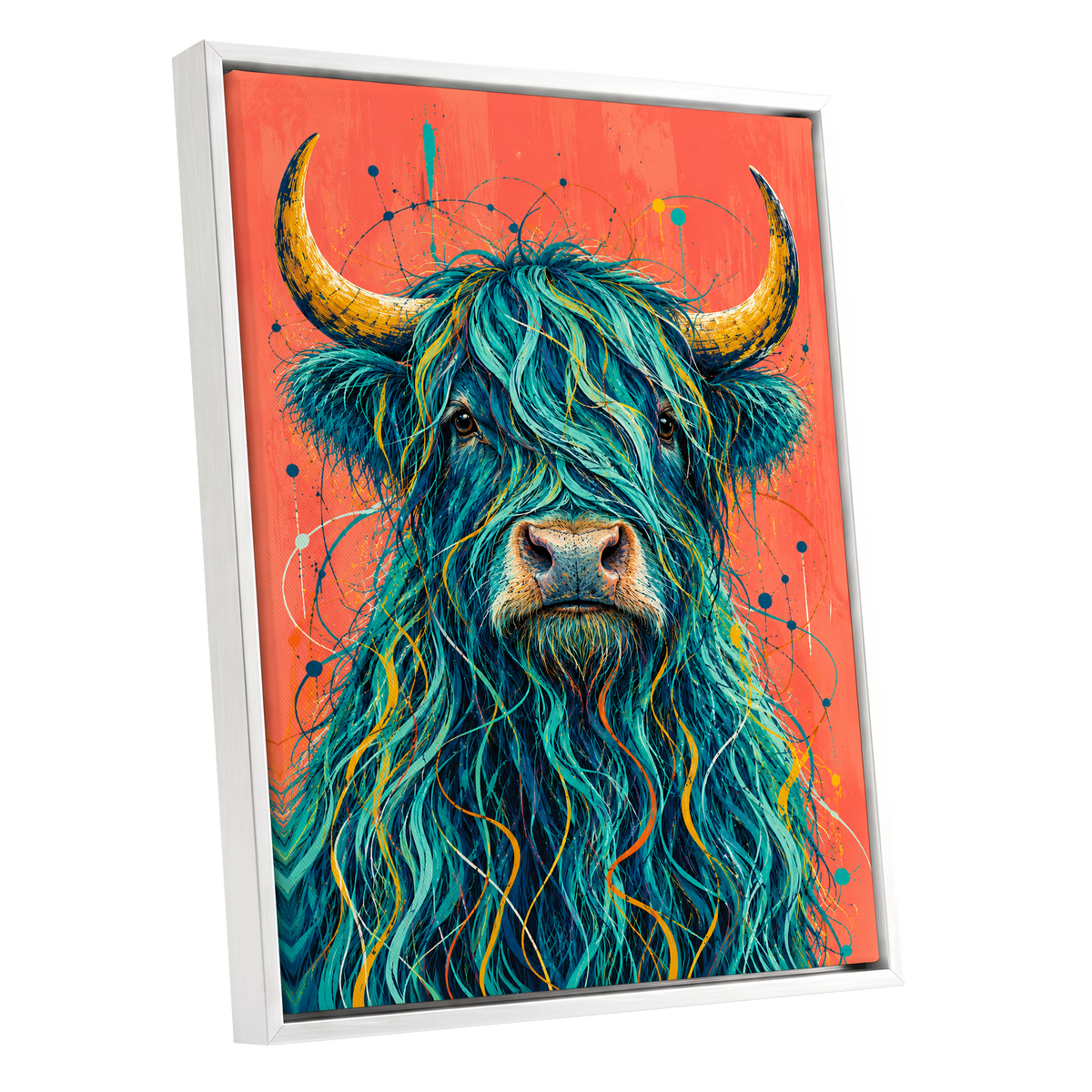 Teal Highland Splendour, blue, orange, gold nature wall art shown as a white framed canvas wall art