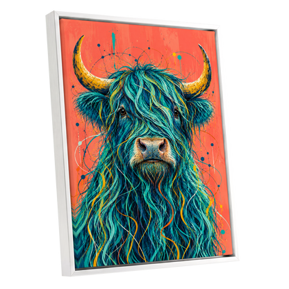 Teal Highland Splendour, blue, orange, gold nature wall art shown as a white framed canvas wall art