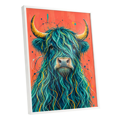 Teal Highland Splendour, blue, orange, gold nature wall art shown as a white framed poster wall art print