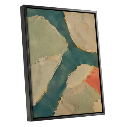Teal Intervals, green, blue, beige abstract wall art shown as a black framed canvas wall art
