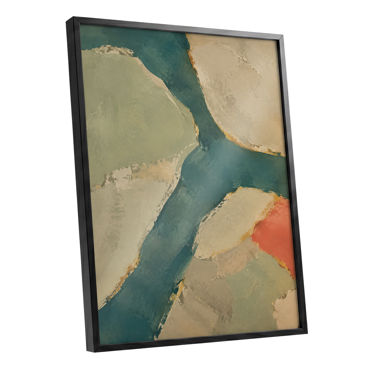 Teal Intervals, green, blue, beige abstract wall art shown as a black framed poster wall art print