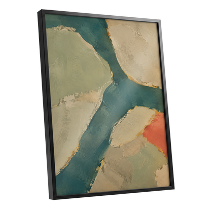 Teal Intervals, green, blue, beige abstract wall art shown as a black framed poster wall art print