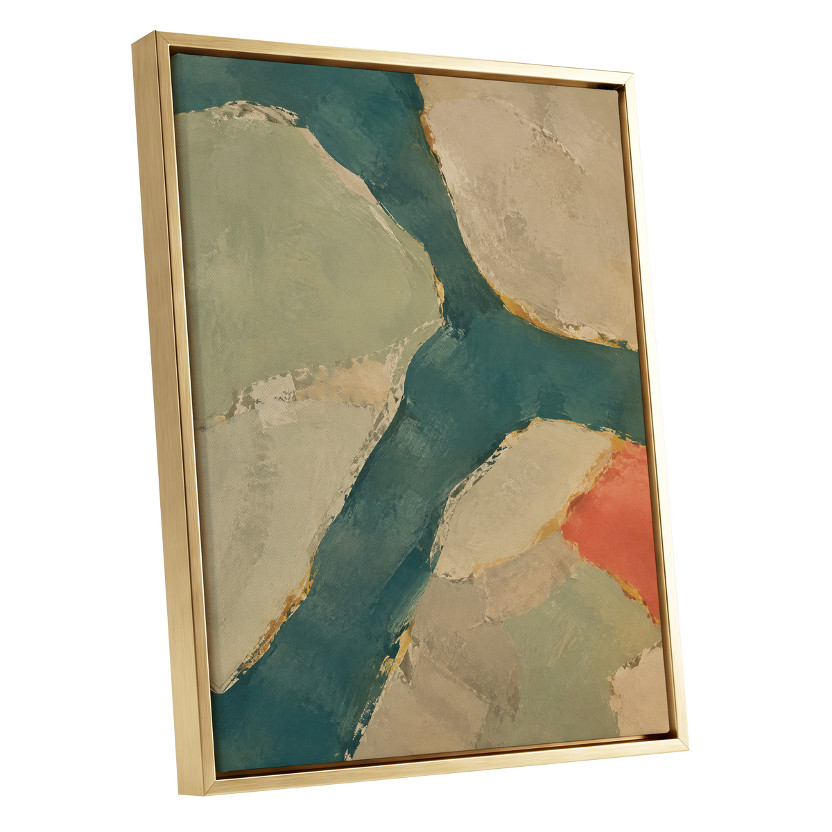 Teal Intervals, green, blue, beige abstract wall art shown as a gold framed canvas wall art