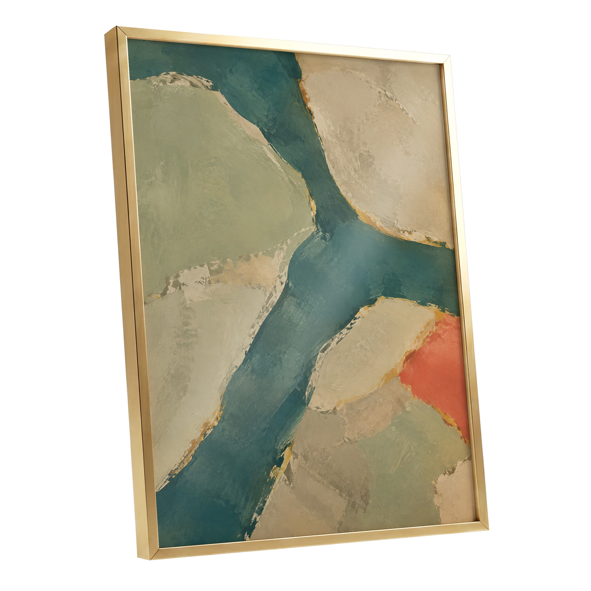 Teal Intervals, green, blue, beige abstract wall art shown as a gold framed poster wall art print