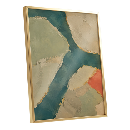 Teal Intervals, green, blue, beige abstract wall art shown as a gold framed poster wall art print