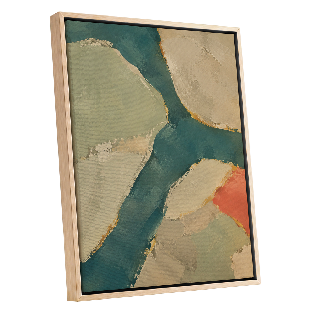 Teal Intervals, green, blue, beige abstract wall art shown as a oak framed canvas wall art