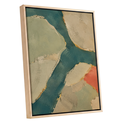 Teal Intervals, green, blue, beige abstract wall art shown as a oak framed canvas wall art