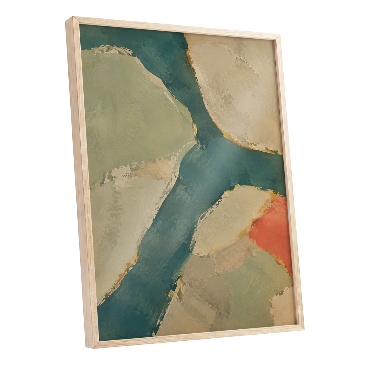 Teal Intervals, green, blue, beige abstract wall art shown as a oak framed poster wall art print