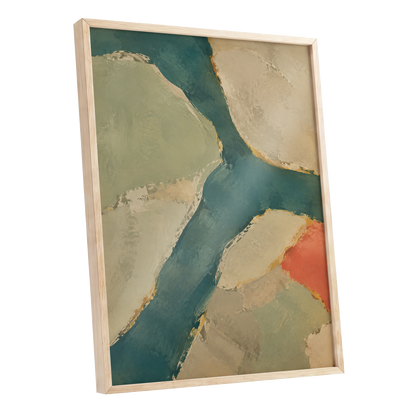 Teal Intervals, green, blue, beige abstract wall art shown as a oak framed poster wall art print