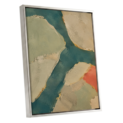 Teal Intervals, green, blue, beige abstract wall art shown as a silver framed canvas wall art