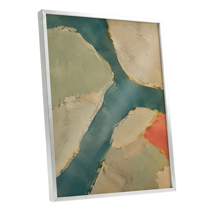 Teal Intervals, green, blue, beige abstract wall art shown as a silver framed poster wall art print