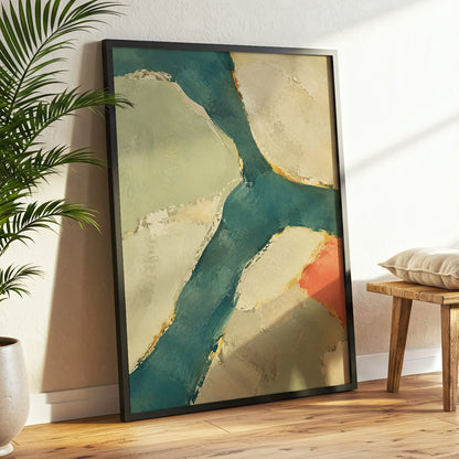Teal Intervals, green, blue, beige abstract wall art displayed in a styled interior, gallery view 2