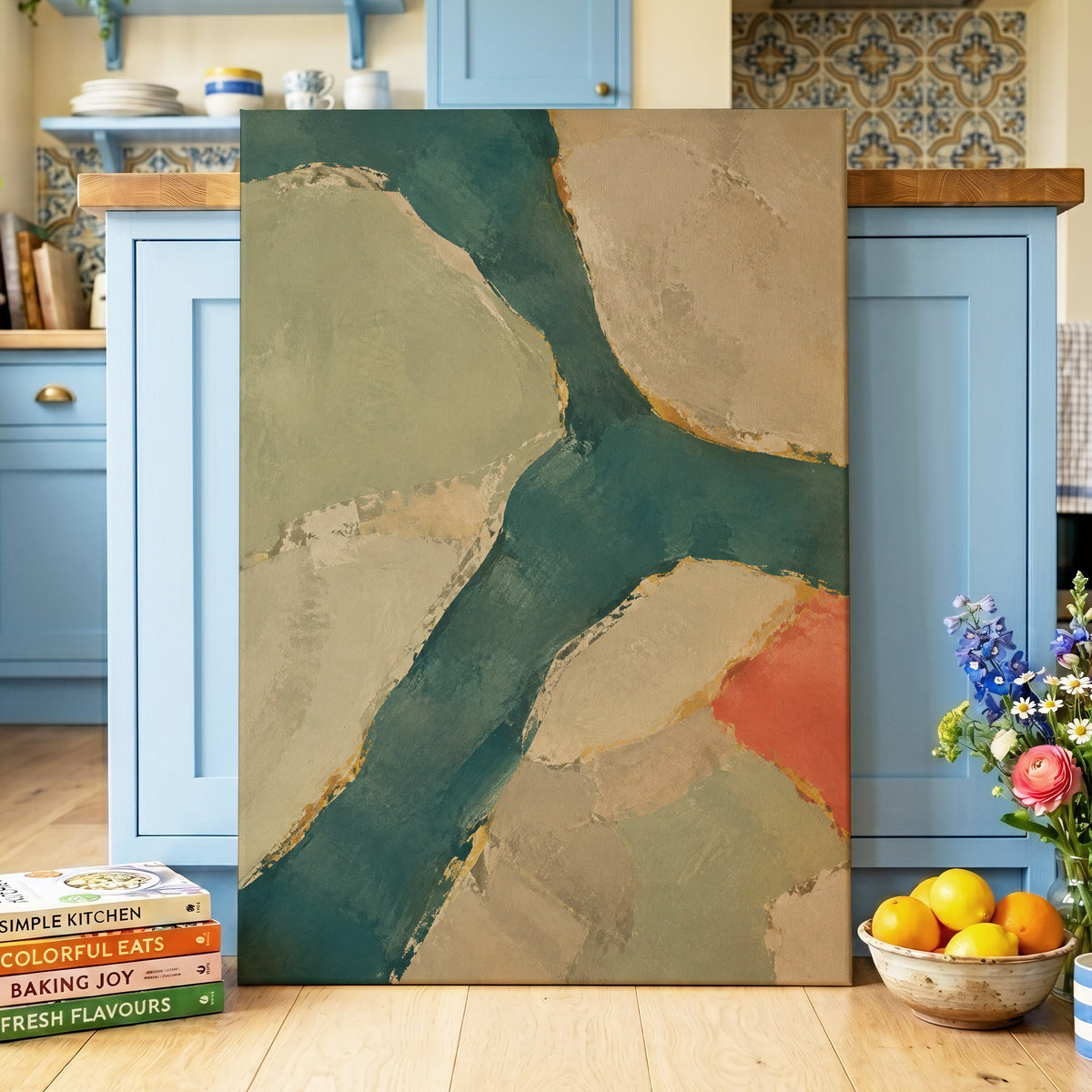 Teal Intervals, green, blue, beige abstract wall art displayed in a styled interior, gallery view 3