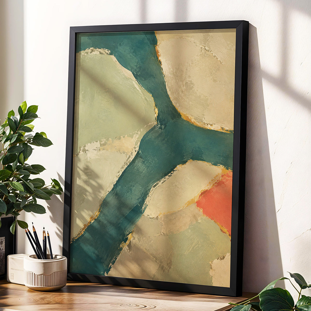 Teal Intervals, green, blue, beige abstract wall art displayed in a styled interior, gallery view 6