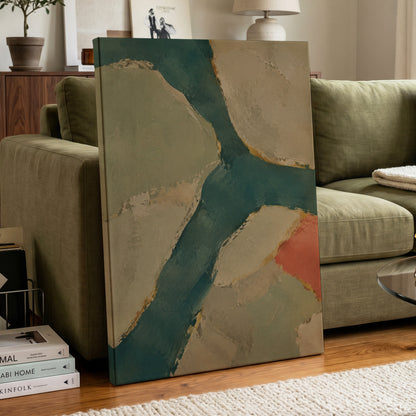 Teal Intervals, green, blue, beige abstract wall art displayed in a styled interior, gallery view 7
