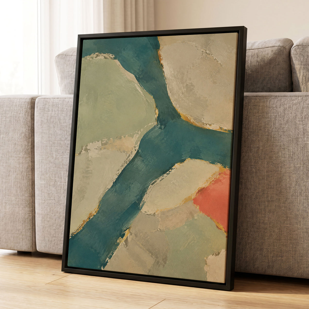 Teal Intervals, green, blue, beige abstract wall art displayed in a styled interior, gallery view 8