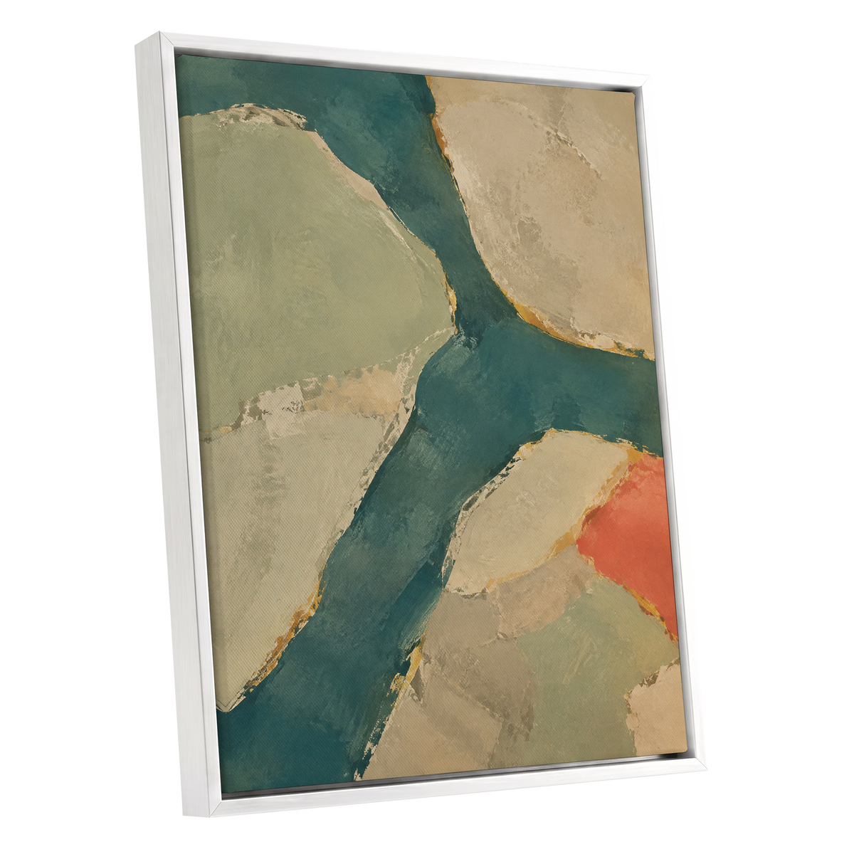 Teal Intervals, green, blue, beige abstract wall art shown as a white framed canvas wall art