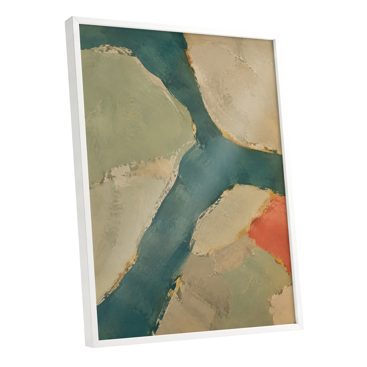 Teal Intervals, green, blue, beige abstract wall art shown as a white framed poster wall art print