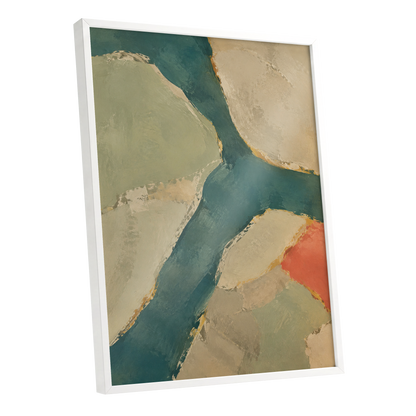 Teal Intervals, green, blue, beige abstract wall art shown as a white framed poster wall art print