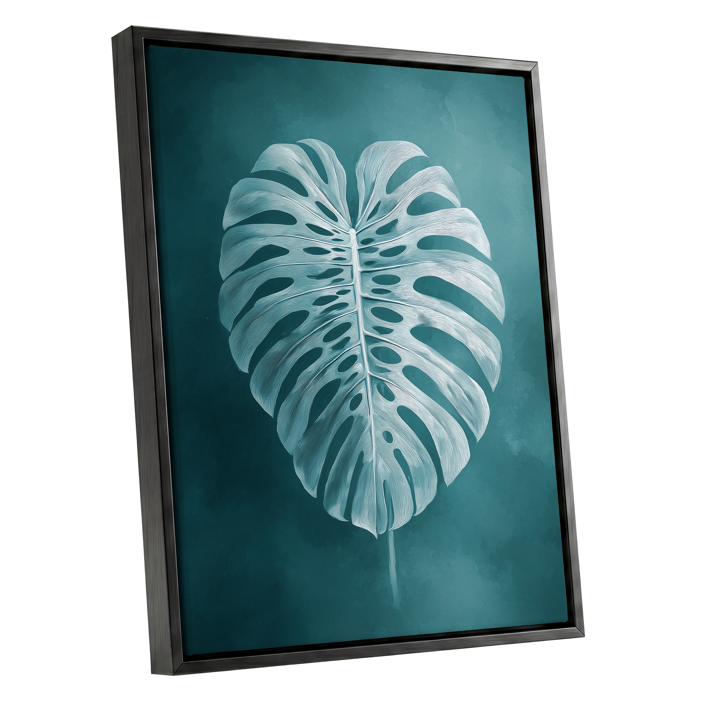 Teal Monstera Study, blue, green, white nature wall art shown as a black framed canvas wall art