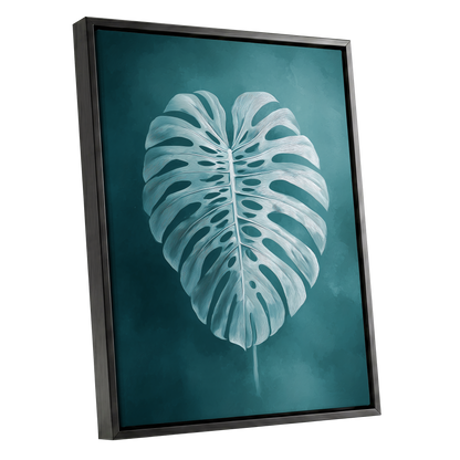 Teal Monstera Study, blue, green, white nature wall art shown as a black framed canvas wall art