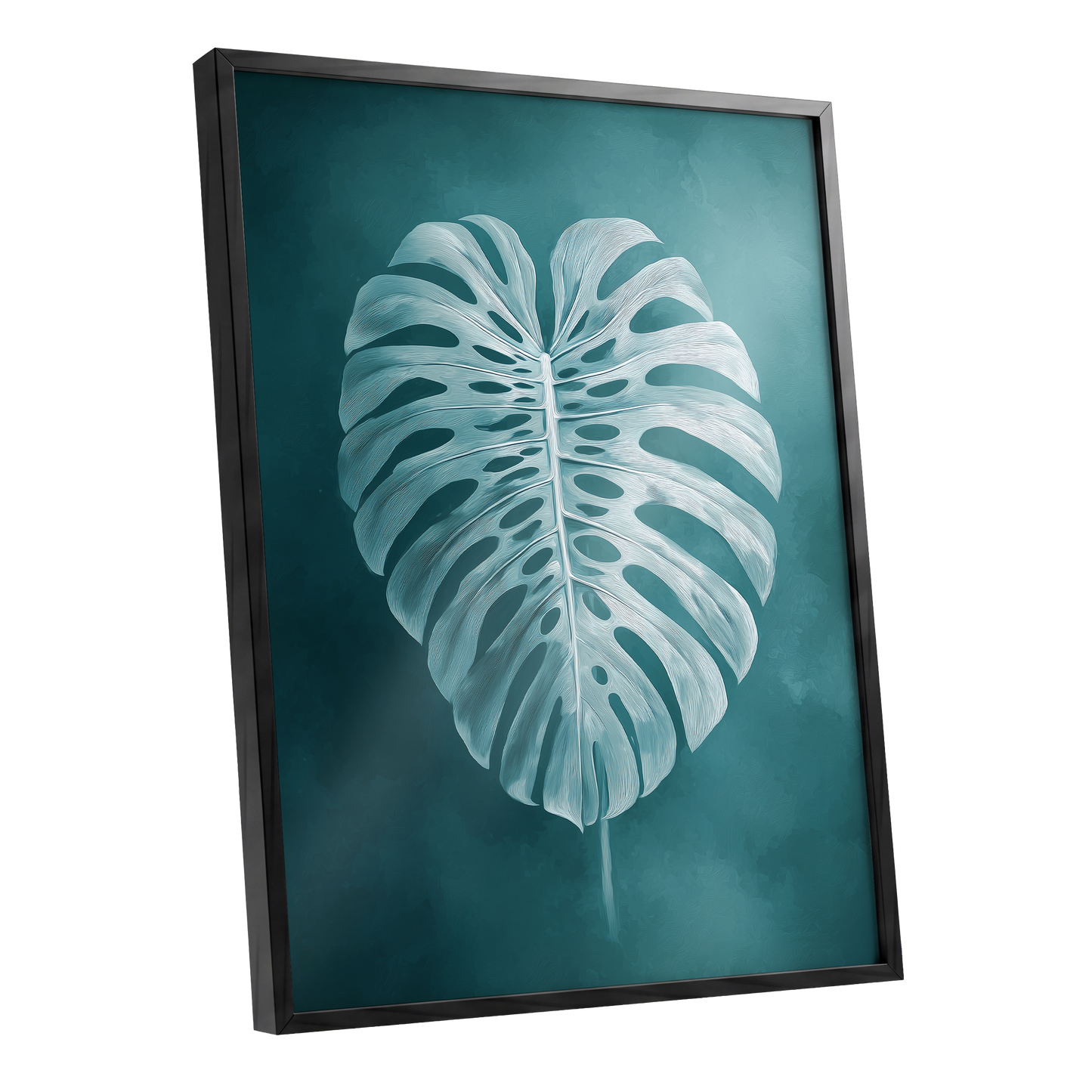 Teal Monstera Study, blue, green, white nature wall art shown as a black framed poster wall art print