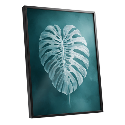 Teal Monstera Study, blue, green, white nature wall art shown as a black framed poster wall art print