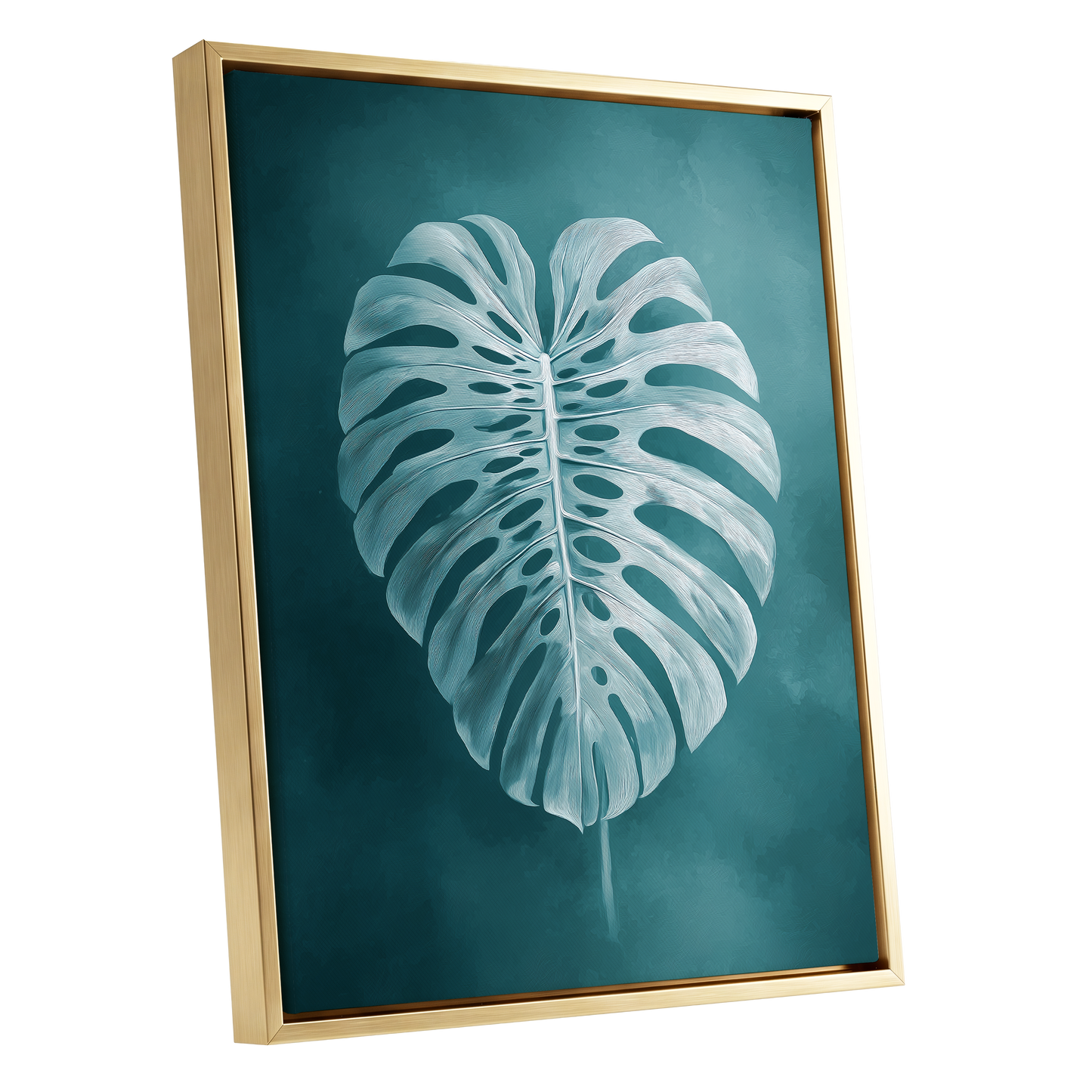 Teal Monstera Study, blue, green, white nature wall art shown as a gold framed canvas wall art