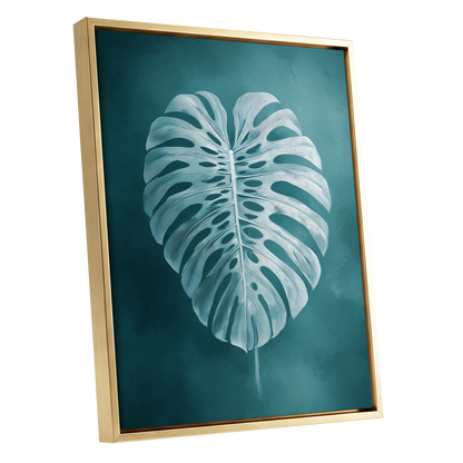 Teal Monstera Study, blue, green, white nature wall art shown as a gold framed canvas wall art