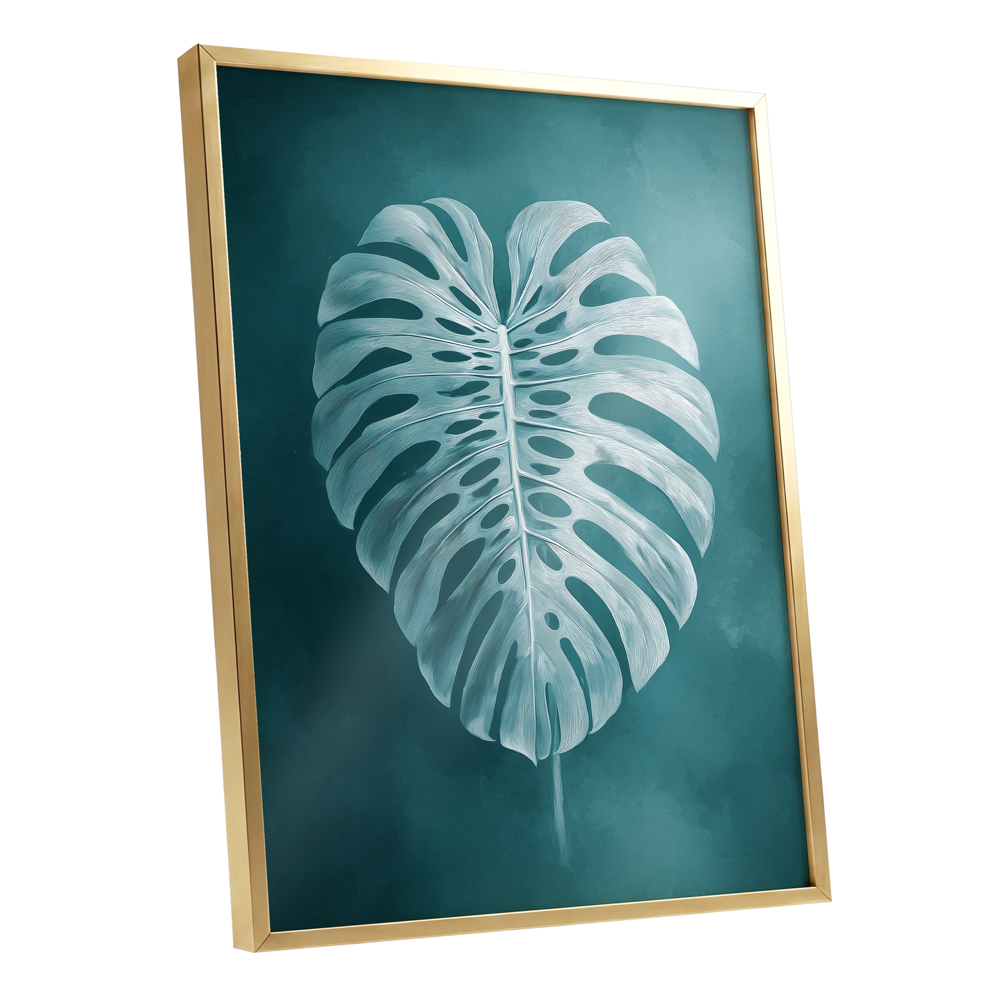 Teal Monstera Study, blue, green, white nature wall art shown as a gold framed poster wall art print