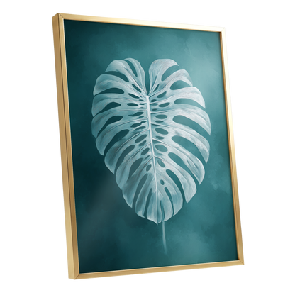 Teal Monstera Study, blue, green, white nature wall art shown as a gold framed poster wall art print