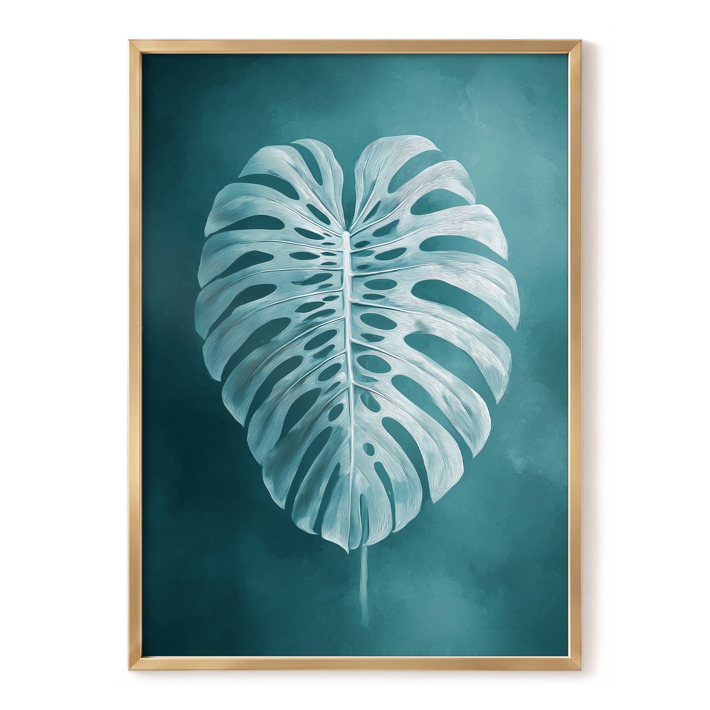 Teal Monstera Study, blue, green, white nature wall art, front artwork view