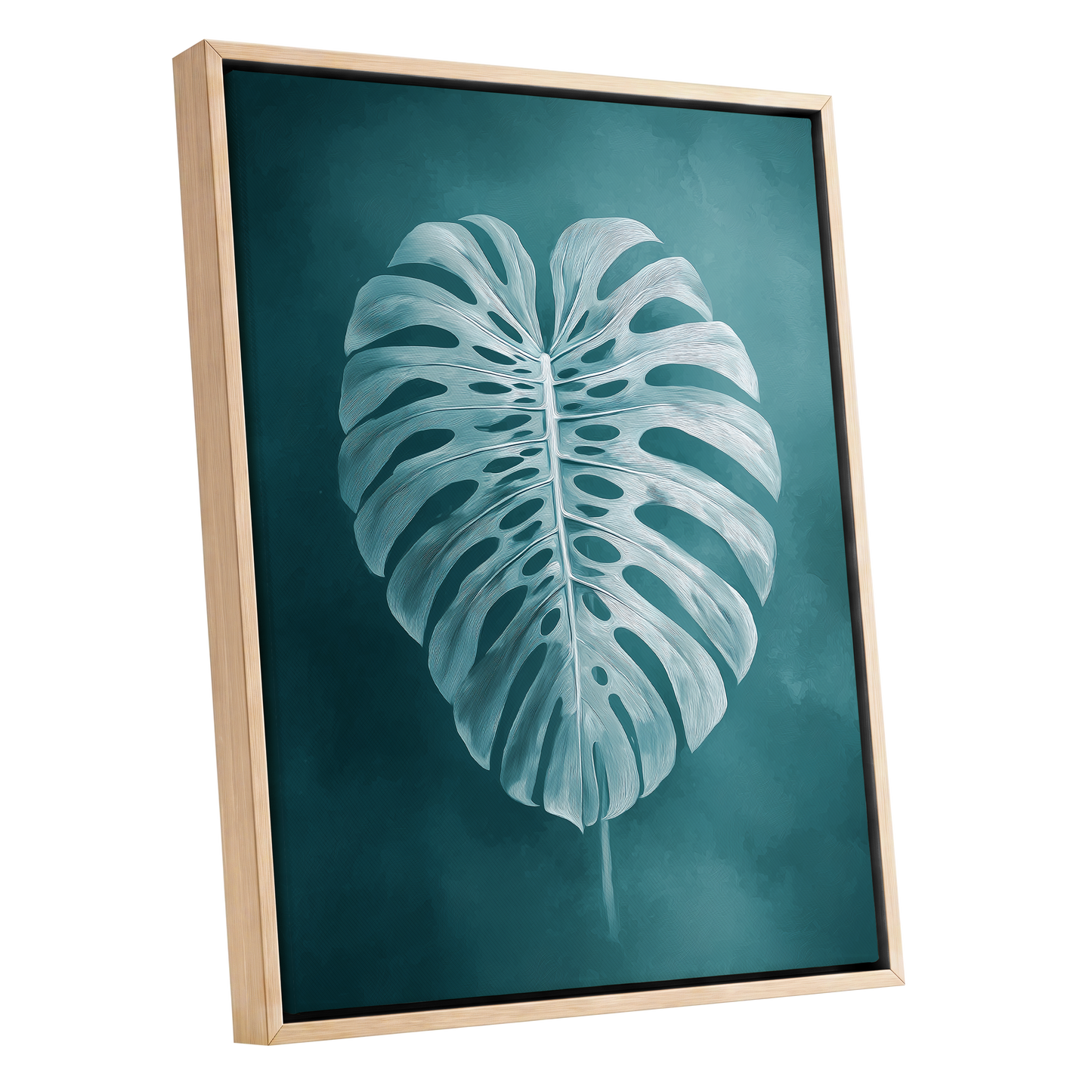 Teal Monstera Study, blue, green, white nature wall art shown as a oak framed canvas wall art