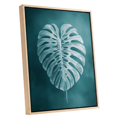 Teal Monstera Study, blue, green, white nature wall art shown as a oak framed canvas wall art