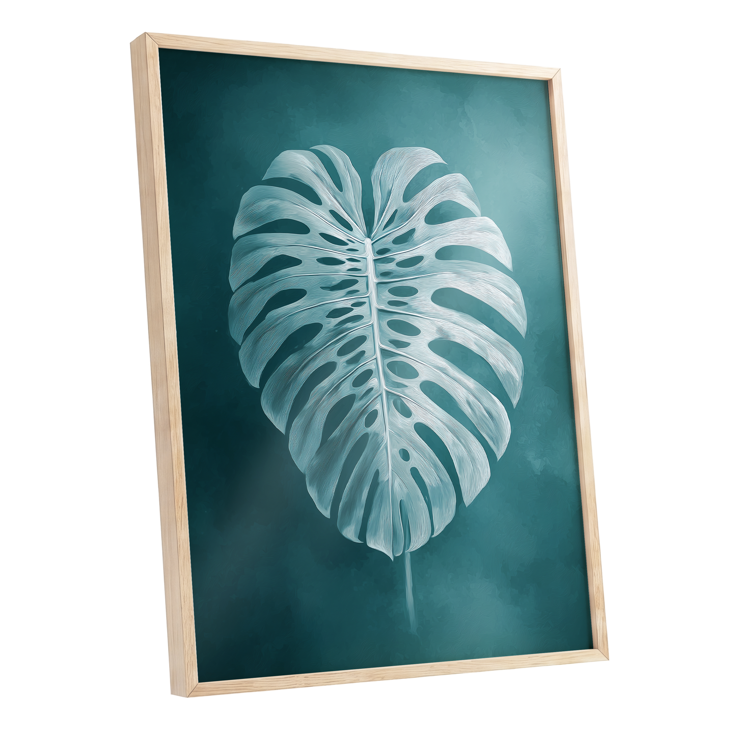 Teal Monstera Study, blue, green, white nature wall art shown as a oak framed poster wall art print